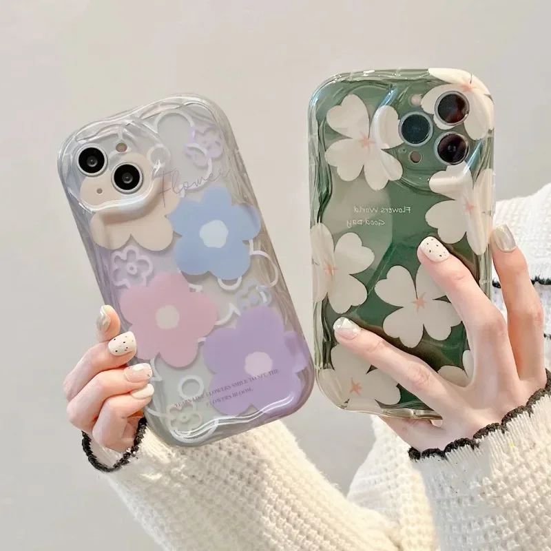 

3D Flower Fruit Case For IPhone 15 Pro Max 14 11 12 13 Mini X XS X XR 7 8 6 6S Plus SE 2020 Cream Wavy Edge Soft TPU Cover