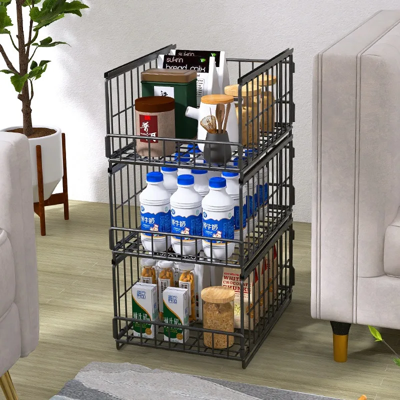 Stackable Pull Out Metal Storage Basket Sliding Under Sink Closet Organizer