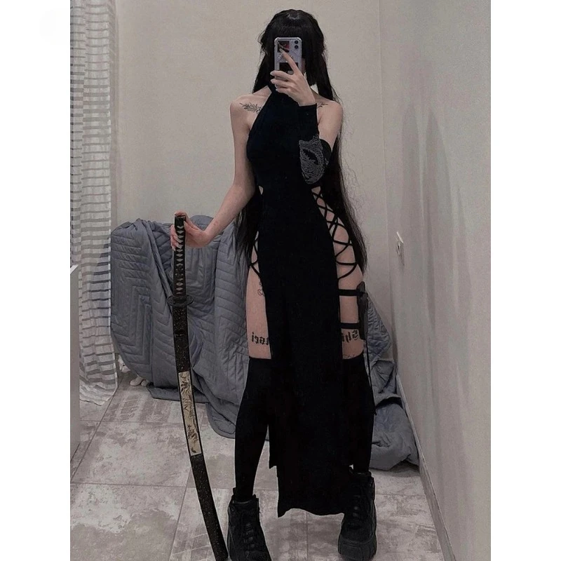 Goth Dark Cosplay High Split Sexy Bandage Women Dresses Y2K Mall Gothic Halter Slim Midi Dress Black Grunge Style Alt Partywear