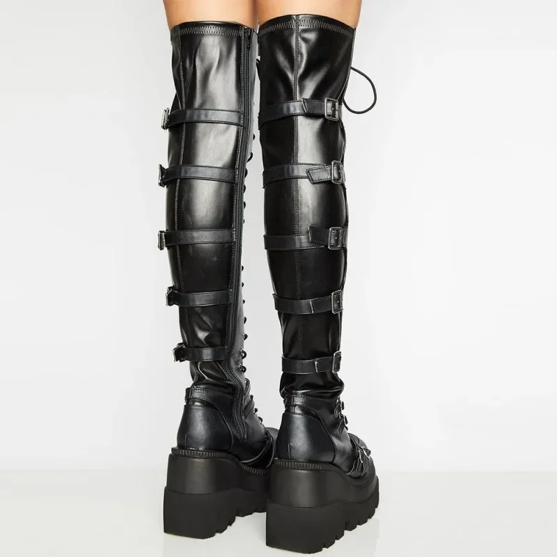 Brand Design Big Size 43 Shoelaces Cosplay Motorcycles Boots Buckles Platform Wedges High Heels Thigh High Boots Women Shoes