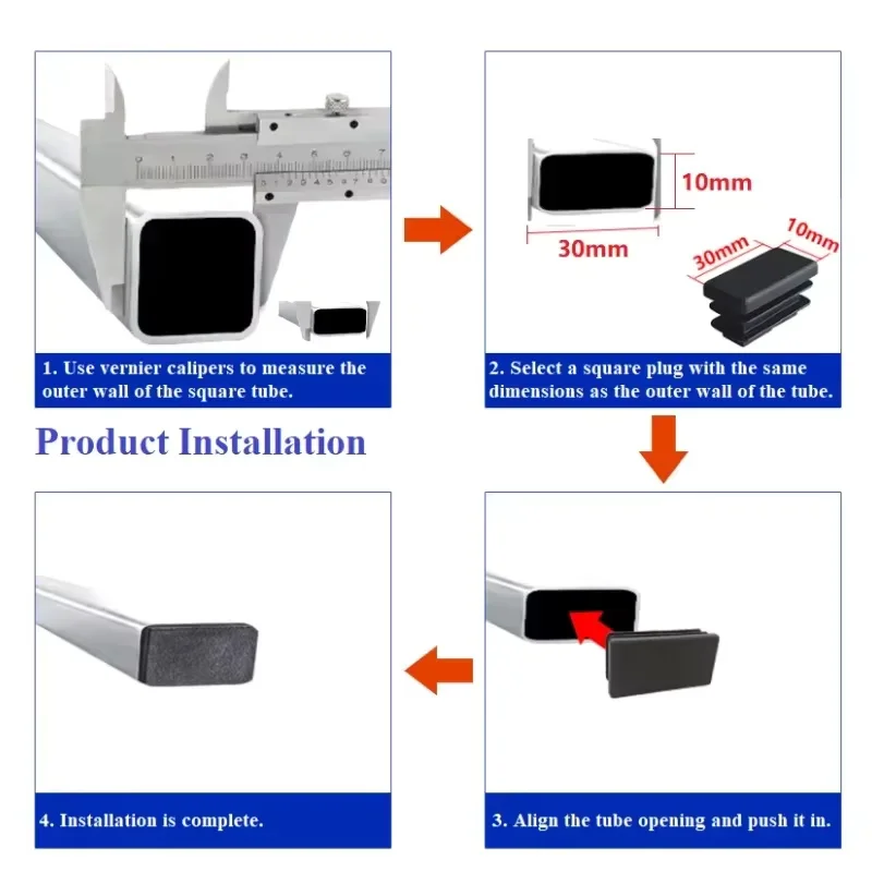 Plastic Rectangle Blanking End Caps Tube Pipe Tube Cap Insert Plugs Bung Furniture Tables Chairs Foot Pads Protectors 15-100mm