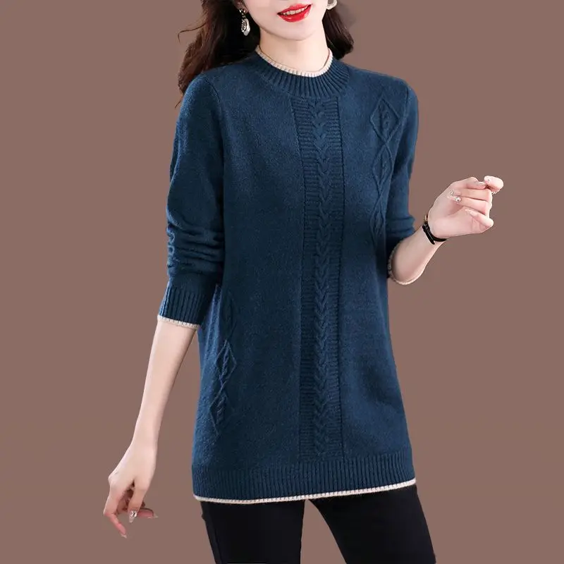 Medium Length Sweater for Women Loose Fit Plus Size Korean Version Slimming Hot Top Slim Fit Trendy Round Neck Base Knit