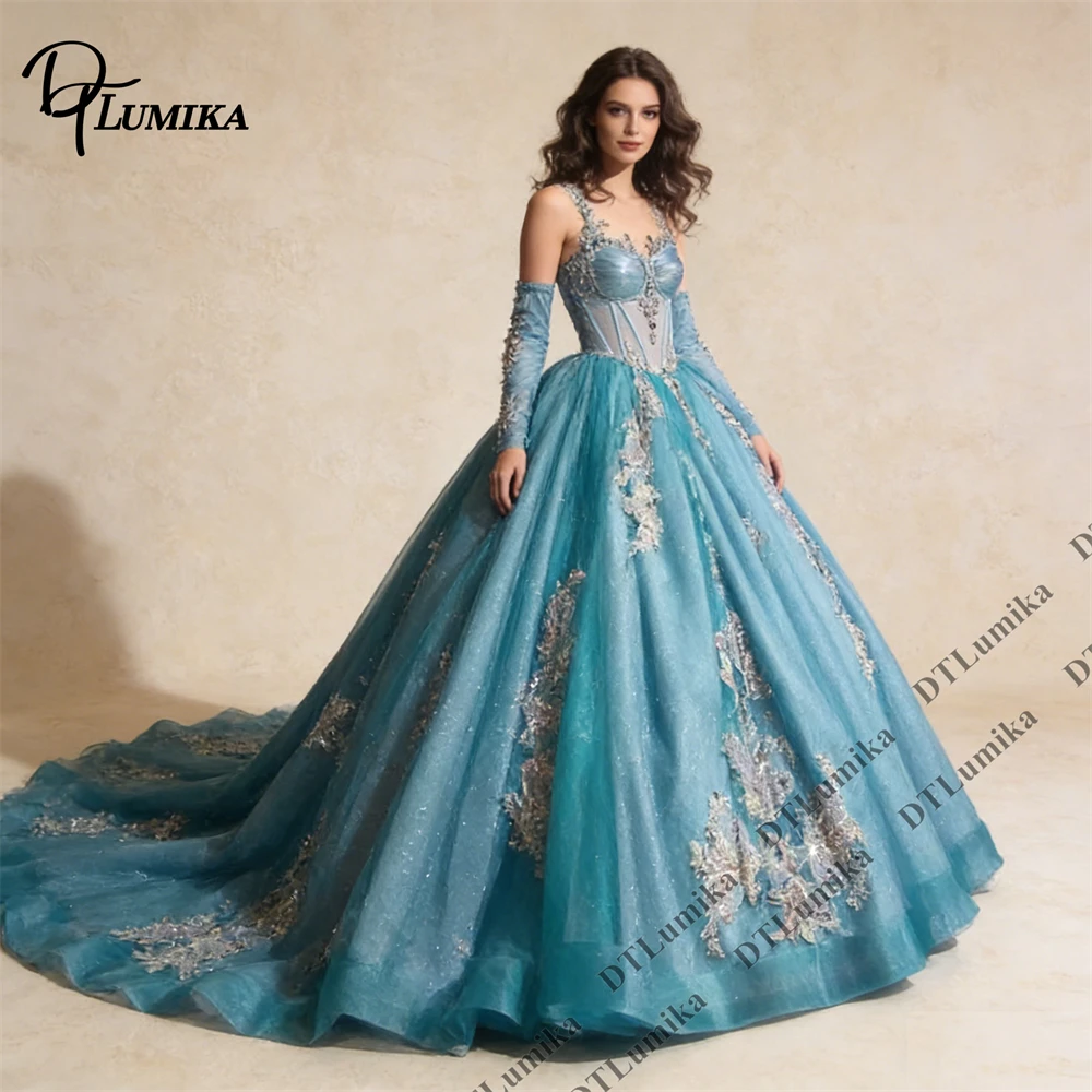 

Ice Blue Ball Gown Sweet 15 Dresses Spaghetti Straps Long Lace Appliques Quinceanera Dresses Customized Women Party Gown