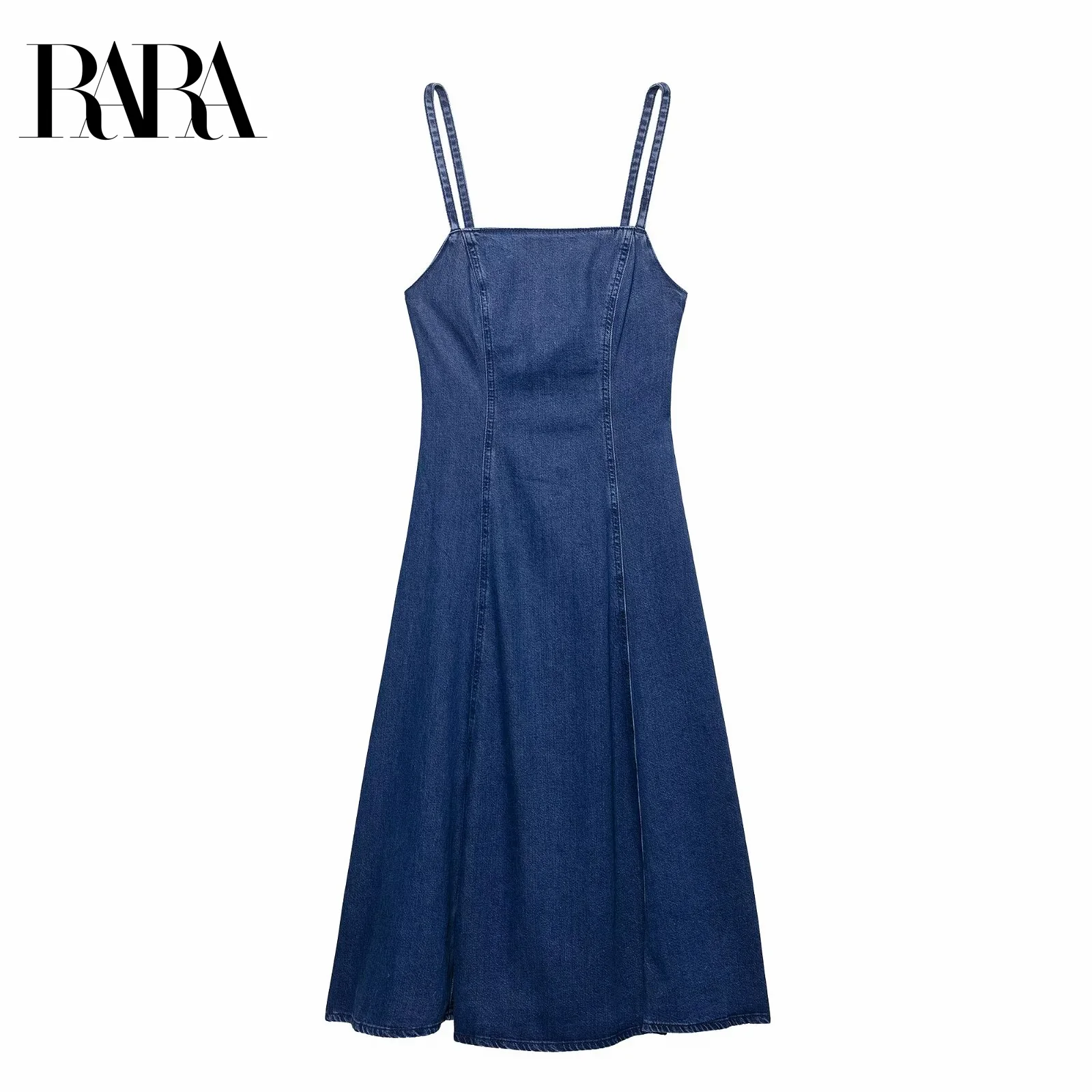 

RARA Womens Denim Spaghetti Strap Dress Stylish Sleeveless Design Fitted Waist A Line Silhouette Ladies Fashion