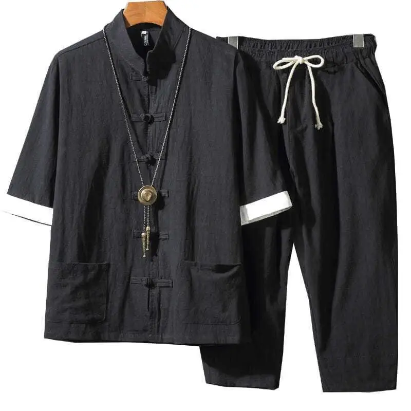 Chinese Style Linen Suit Men's Summer Three-quarter Sleeve Men's Cotton Hemp Han Suit Retro Tang Suit Button Coat