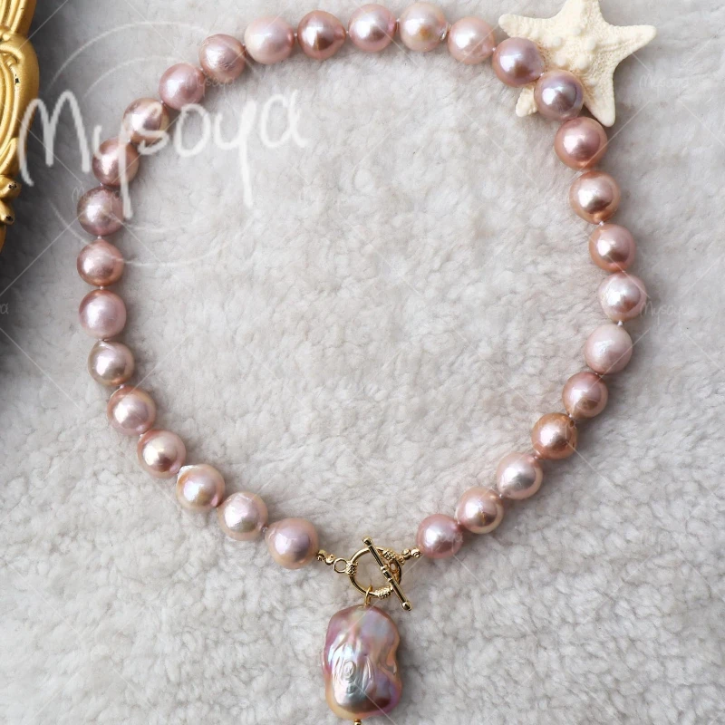 

MYSOYA 9-10mm & 12-14mm Pink Purple Pearl Baroque Necklace, Perfect for Wedding/Party/Mother's Day Gift A0492