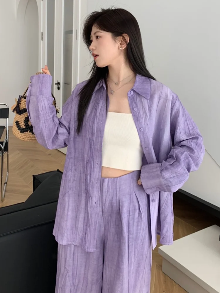 Autumn 2024 Two Piece Suit High Waist Wide Leg Pants New Lapel Long Sleeve Purple Blouses Loose Fit Women Fashion Suits