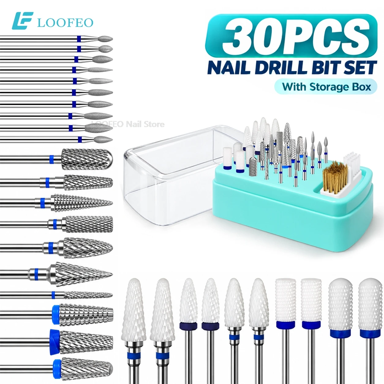 30PCS Nail Drill Bits Set with Storage Box 3/32 Inch E-File Bit Milling Cutter for Manicure Pedicure Acrylic Gel Removal Cuticle