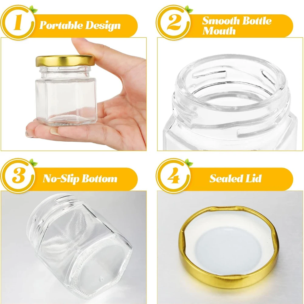 1.5oz Mini Hexagon Glass Jars Bulk for Wedding Small Honey Jars with Lids Spice Jars Canning Jars Mason Jars for Gifts Candy