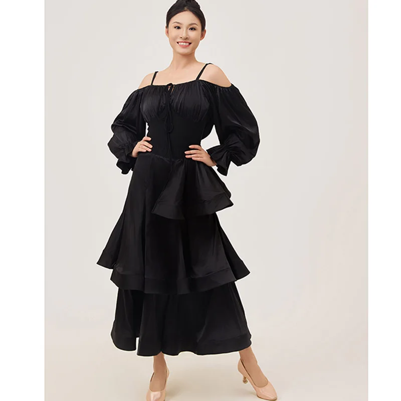 ชุดเต้นรำสมัยใหม่สำหรับผู้หญิง ชุดเต้นรำมาตรฐานระดับชาติ เสื้อเปิดไหล่ กระโปรง ชุดเต้นรำชาช่า ชุดแสดงเต้นบอลรูม DN22397