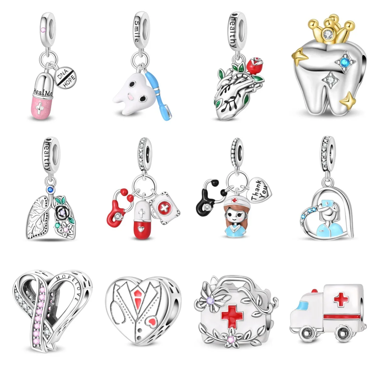Cross-border new DIY jewelry bracelet accessories teeth pills medicine box ambulance nurse charm pendant beads silver plating