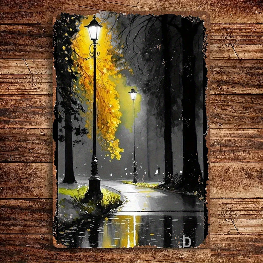 1pc Vintage Metal Tin Sign - Autumn Forest Pathway with Yellow Leaves & Lanterns, Classic Style Wall Art for Home