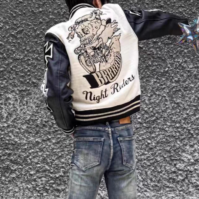 Vintage PU Leather Patchwork Outerwear Mens Spring Casual Button-up Jacket Coats Men Y2K Skulls Embroidery Stitch Design Jackets view 3