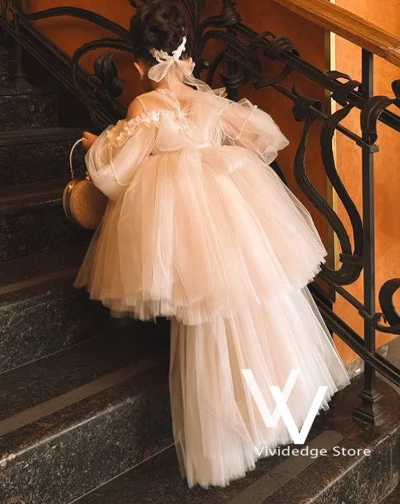 Cute White Wedding Flower Girl Dress Off-the-Shoulder Princess Lace Embroidered A-Line Birthday Communion Dress Customized
