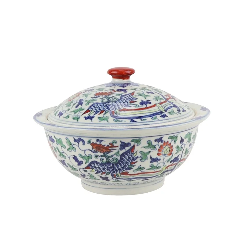 FOR RZSZ09 Antique Colorful Ceramic dragon and phoenix Winding Leaf Round Soup Cooking Pot porcelain Stew Pot with Lid