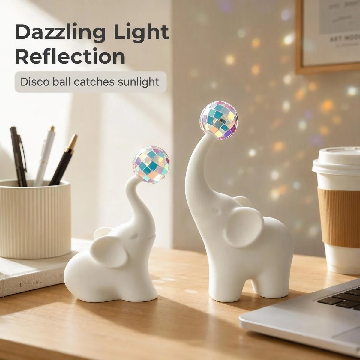 2‑Pcs Disco Elephant Figurines, Sun Catcher Indoor Window Lamp Creative Focus‑Light Desktop Decor Ornaments
