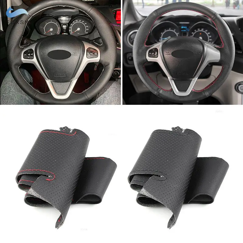 Braids on Car Steering Wheel For Ford EcoSport 2014 2015 2016 2017 Fiesta 2008-2017 Hand Stitched Microfiber Leather Cover Trim