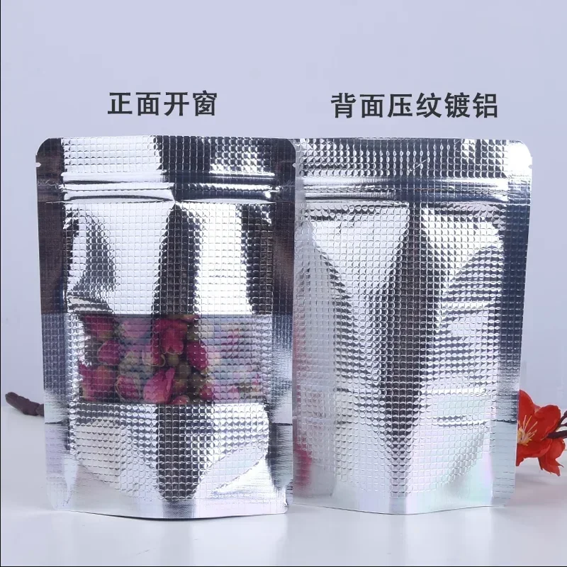 

Silver Embossed Windowing Ziplock Bag Intensification Aluminum Foil Food Snack Moisture-proof Storage Candy Self Seal stand Bags