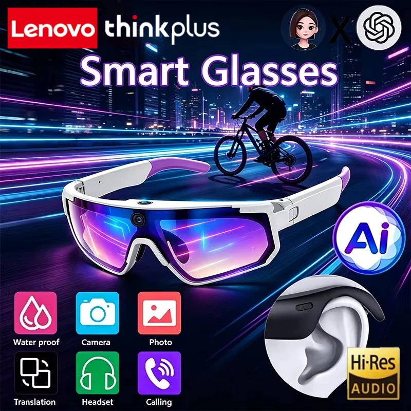 Lenovo Thinkplus AI Smart Glasses Camera 8MP Anti-shake Cycling Video&Photo Sport Sunglasses Chat DualMic 32GB Windproof Goggles