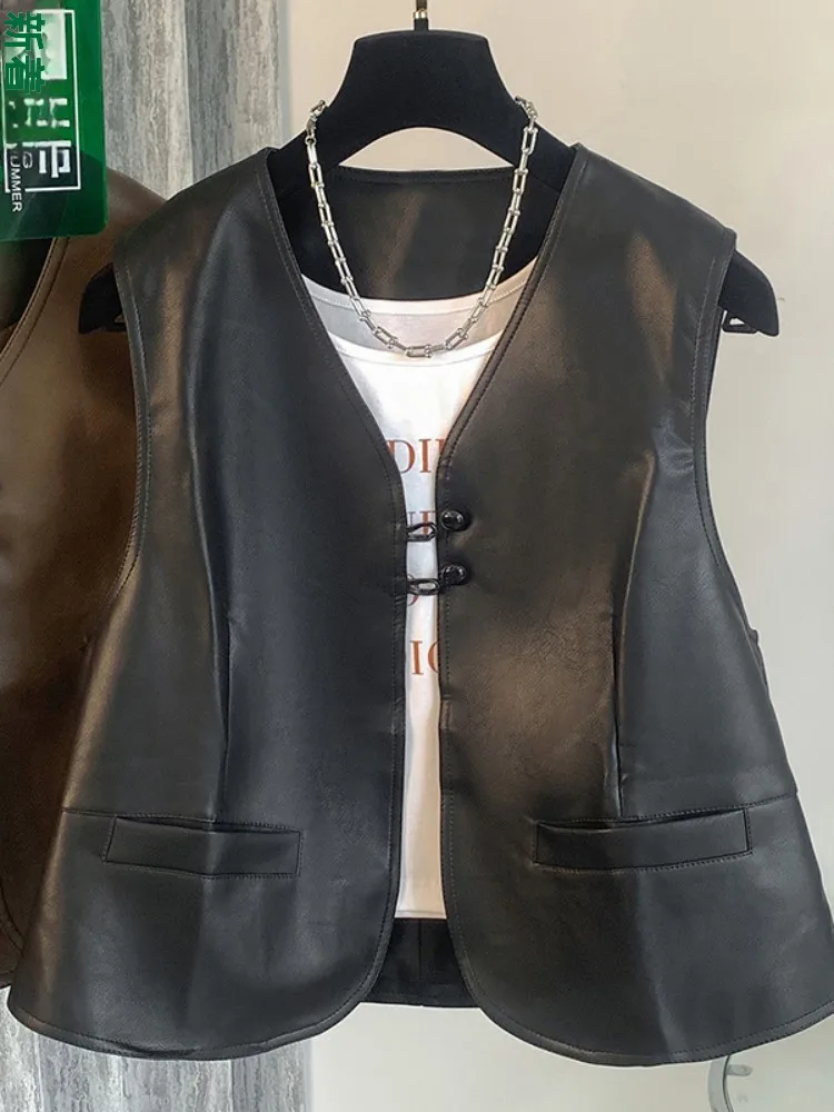 Elegant PU Leather Vest Women's Loose Fit Sleeveless V-Neck Layering Jacket Spring Fashion Commute Style Short Length