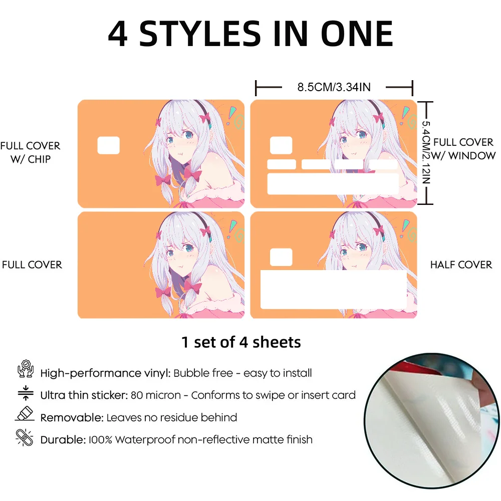 Anime Izumi Sagiri Stickers 4pcs PVC Credit Card Skin Stickers Removable Self-adhesive Protective Film