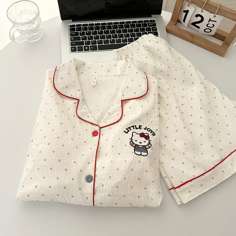 

Детские летние пижамы для девочек с мультяшным принтом Hello Kitty, удобные футболки и шорты Sanrio, милые свободные пижамы для девочек, комплект домашней одежды