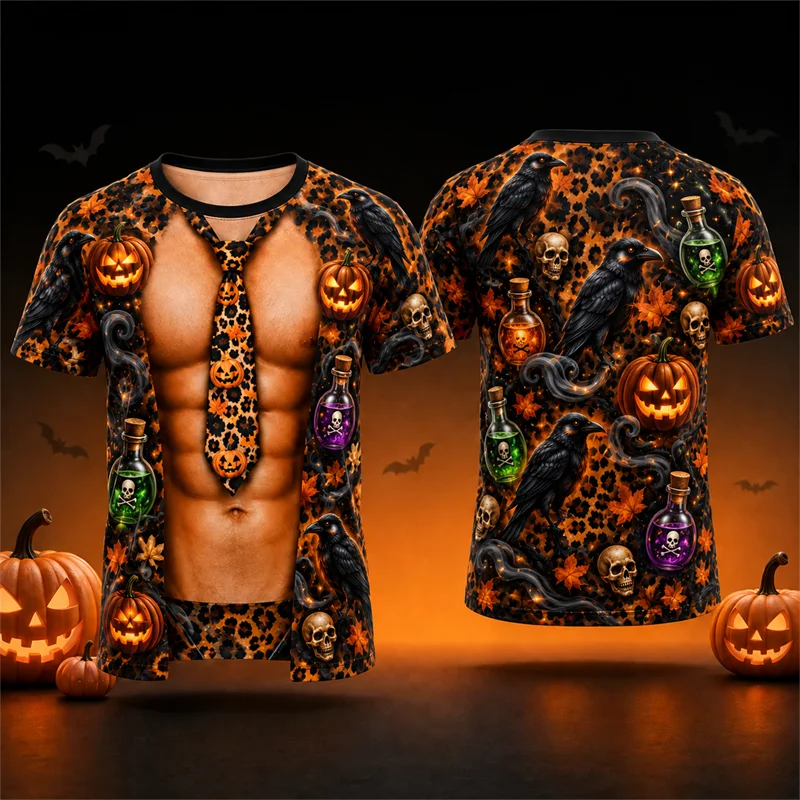 Men Halloween Pumpkin Muscle T Shirt 3D Printed Raven Skull Potion Gothic Short Sleeve Tee Horror Party Costume Streetwear Tops