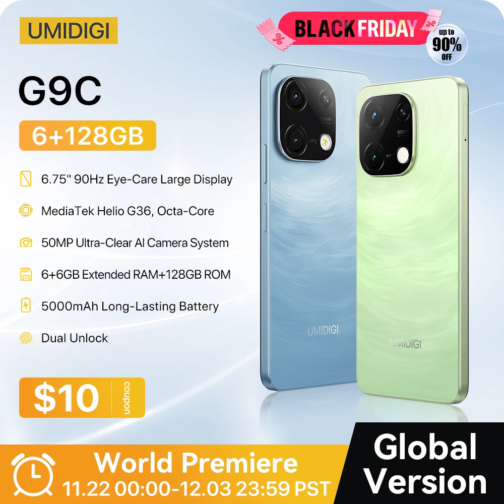 [العرض الأول في العالم] هاتف UMIDIGI G9C MTK Helio Android 14 الذكي 6+6GB 128GB 6.75 بوصة HD+ كاميرا 50 ميجابكسل NFC 5000 مللي أمبير في الساعة