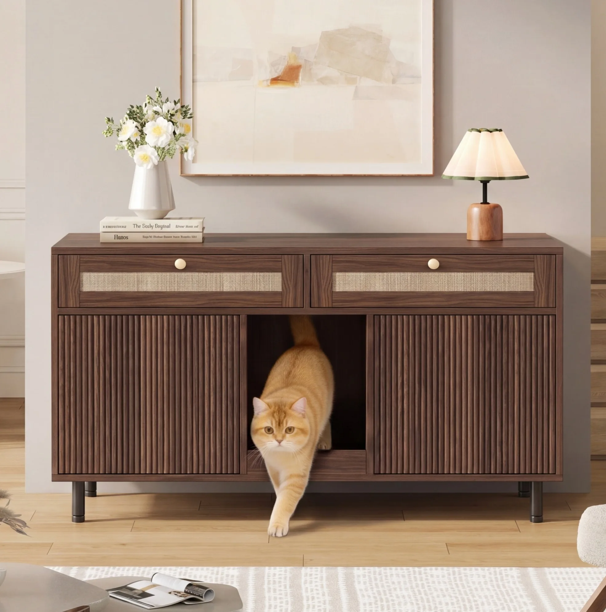 Maisentiel Walnoot Kattenbakkast met zandmat, 120x50x65 cm, opberglades, zonder kattenbak