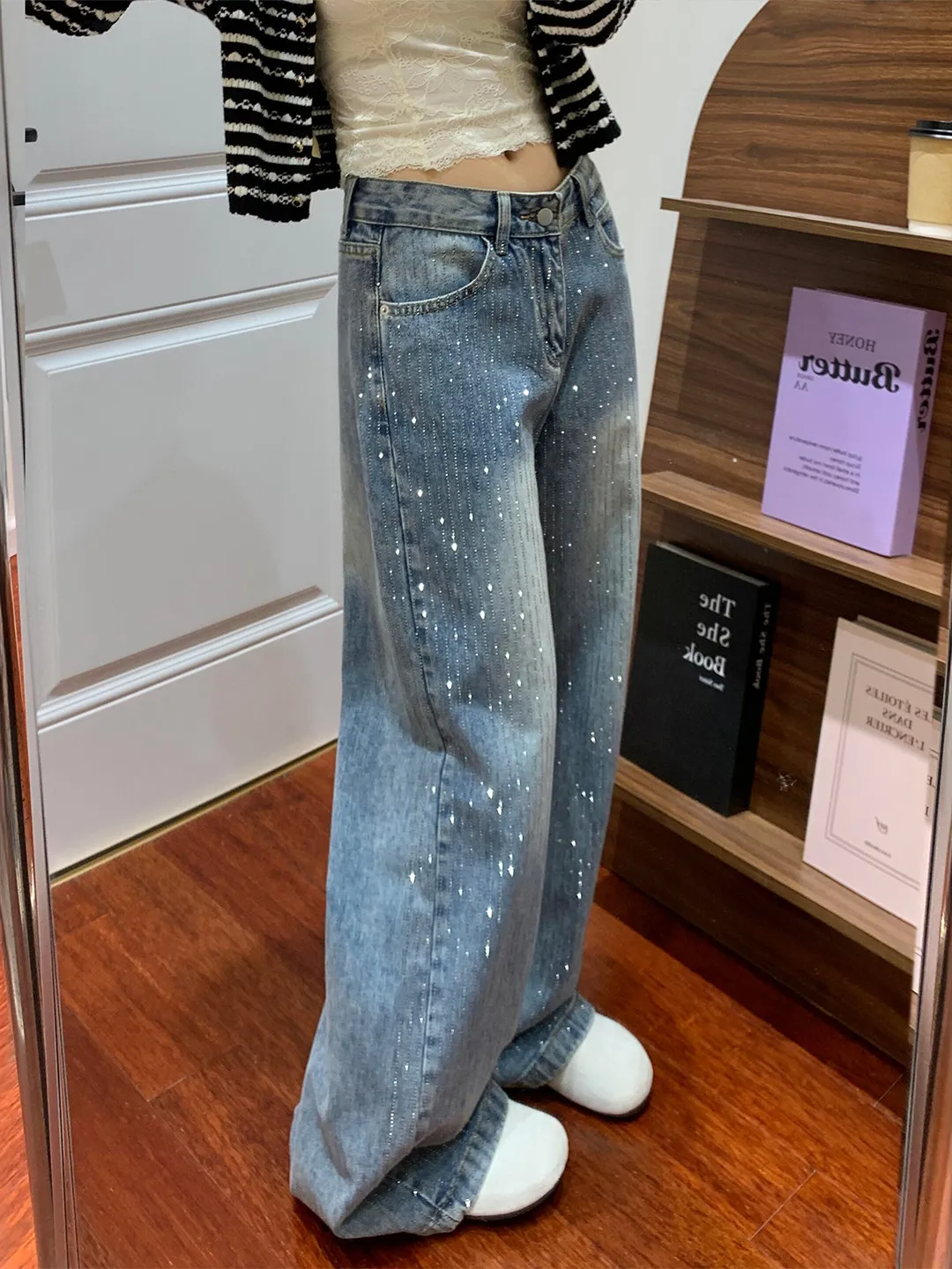 

Tianxing Rhinestone Straight Leg Jeans Women's Winter Thickened Fleece High Waist Loose Slimming Wide Leg Pants