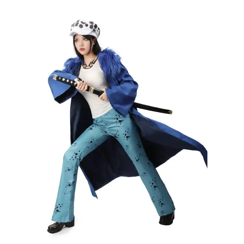 WENAM Anime Law Cosplay Costume Female Blue Woolen Collar Cloak Cape Uniform Full Set Adult Woman Halloween Carnival Suit