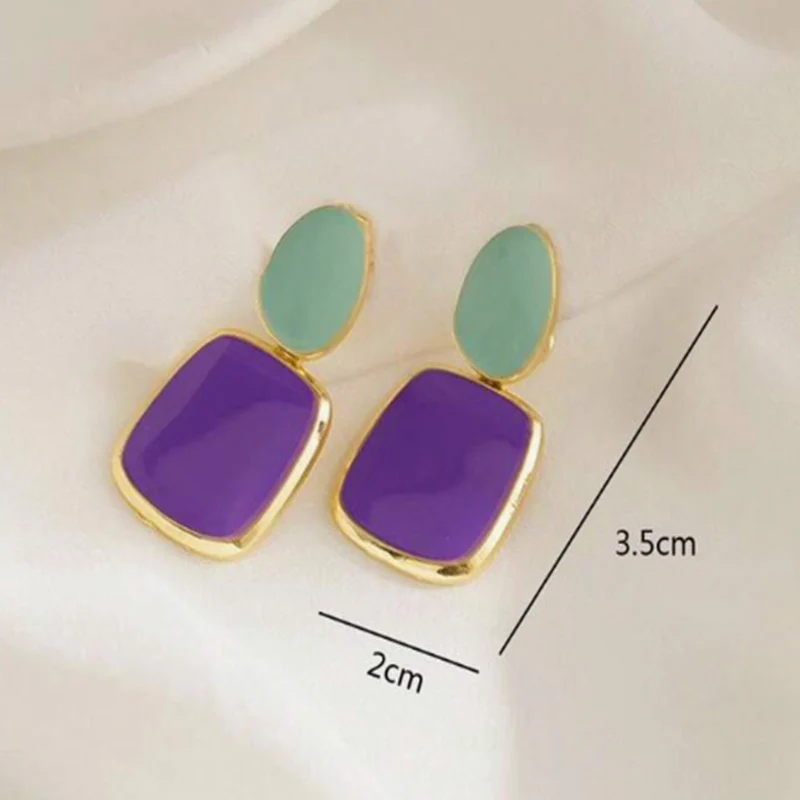 Korean Multicolor Square Dangle Stud Earrings For Women Green Purple Pink Bule Semi-Precious Stone Earrings Pastoral Style