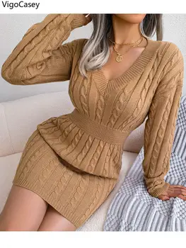 VigoCasey 2025 V-ringad casual kort stickad klänning höst vinter kvinnor enfärgad långärmad klänning dam khaki bodycon stickade klänningar 10 best sales Knit maxi - №10