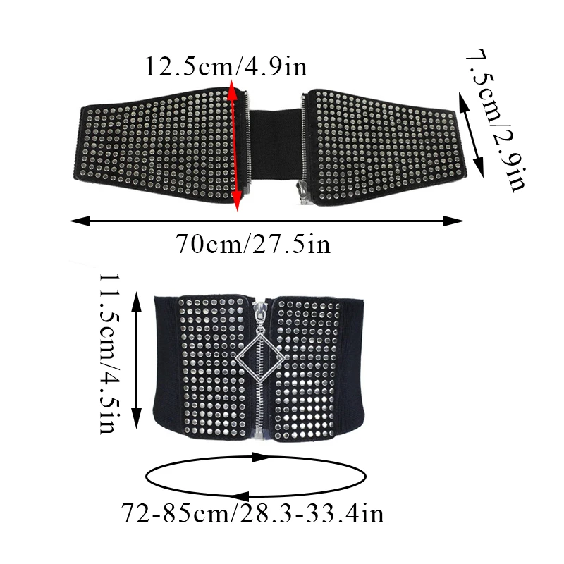 Ceinture Cummerbund à rivets élastiques pour dames, ceinture large noire, ceinture amincissante, taille haute, ceinture à fermeture éclair, ceinture décorative, mode