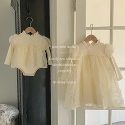 2024 New Spring Kids Princess Dresses Baby Girl Romper Long Sleeved Cotton Lace Splicing Baby Girl Party Dress Sister Dress