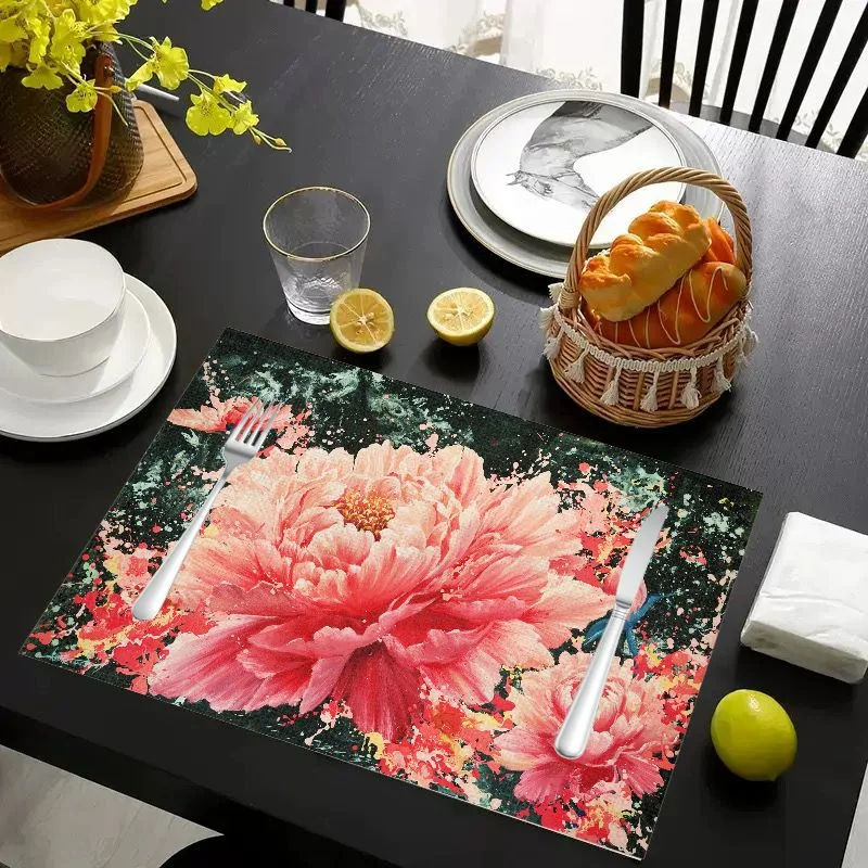 VIKAMA Placemat Orange Blue Floral Vines, Waterproof Oil-Proof Heat-Resistant Dining Table Mat for Home