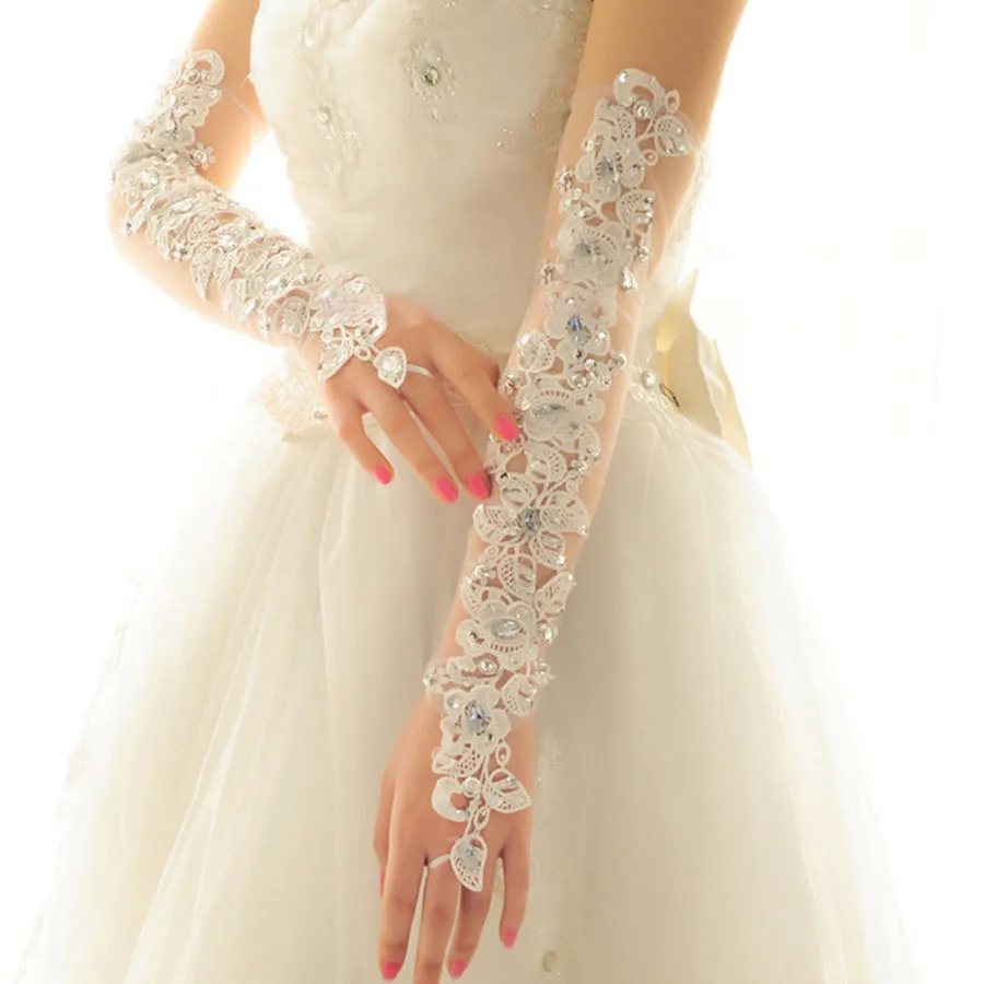 Opera lunghezza abito da sposa lungo guanti cristalli diamante garza ricamo elegante donna pizzo da sposa