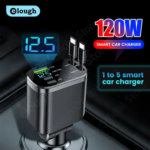 Ładowarka samochodowa Elough 5 w 1 Ładowarka USB Szybkie ładowanie dla iPhone 15 Samsung Wysuwany kabel USB C do typu C Ładowarka samochodowa