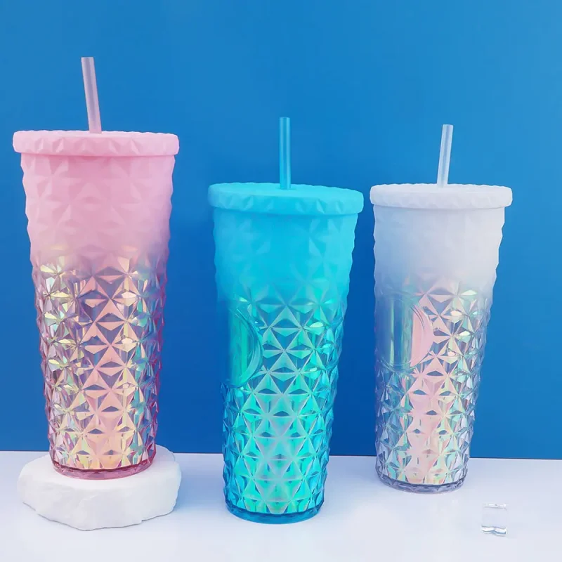 LUSQI 1PC 710ML Double Layer Illusion Durian Cup Female Large Capacity Creative Straw Cup Milk Tea Cups