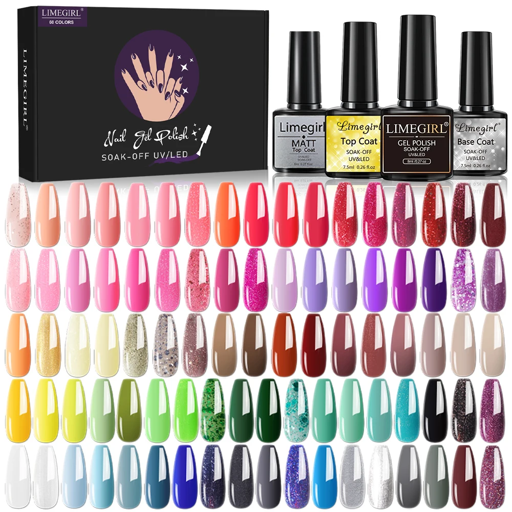 

Limegirl 24/40/60PCS Color Gel Nail Polish Set Glitter Gel Soak Off UV Gel Semi Permanent Base And Top Coat Nail Art Gel Kits