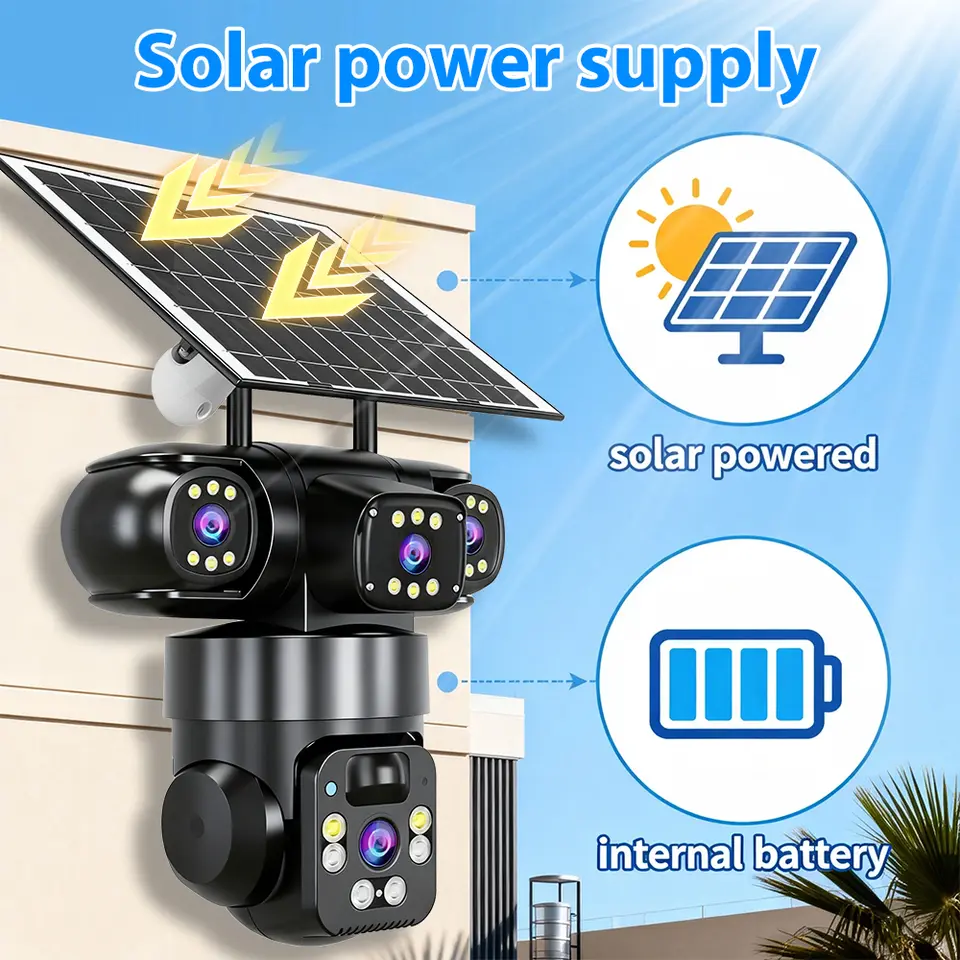 Solar Powered 4-Lens WiFi PTZ Security Camera with 8000mAh Battery