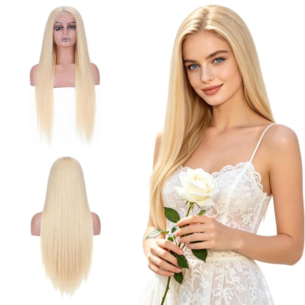 

613 Blonde Straight Lace Front Wig 13x4 HD Transparent Lace Heat Resistant Synthetic Wig Pre Plucked 26 Inch For Women Daily