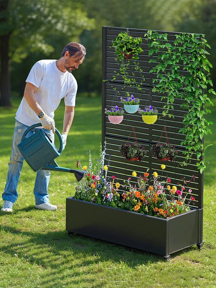 صندوق زراعة شاشة الخصوصية مع تعريشة وعجلات شبكة معدنية صندوق زراعة مرتفع مستطيل زارع صندوق مرتفع لتسلق الكروم