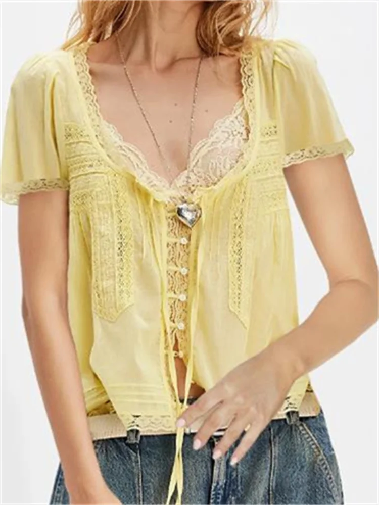 CHRONSTYLE Women Short Sleeve Tops Loose Casual Lace Patchwork Button Tie-up Shirts Floral Aesthetic Blouses Streetwear 2025 New