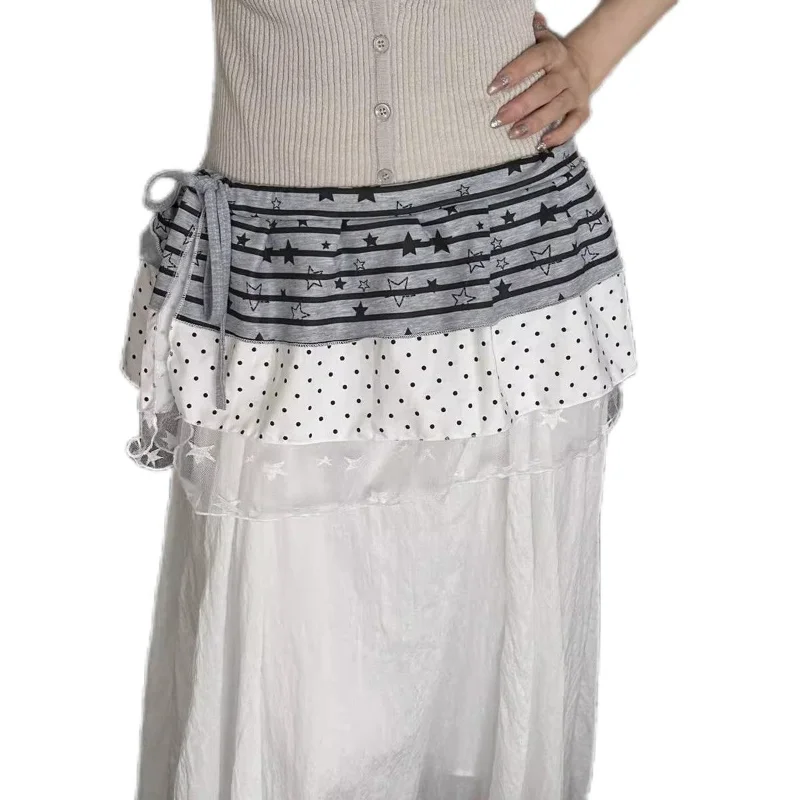 Women Y2k Layered Tiered Mini Skirt Star Polka Dot Print Mesh Hem Elastic Waist Streetwear Cover Up Skirt One-piece Wrap Skirt view 6