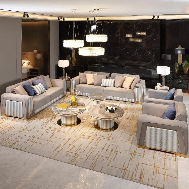 

Italian Style Luxury Snake Leather Sofa Villa Modern Living Room Fabric Velvet Button Tufted Sofa Sets