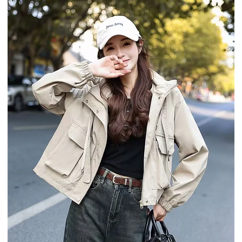 Autumn Women Fashion Hooded Windbreaker Coat Ladies High-end Stormtrooper Outwear Female Casual Short Zipprt Lined Trench Tops