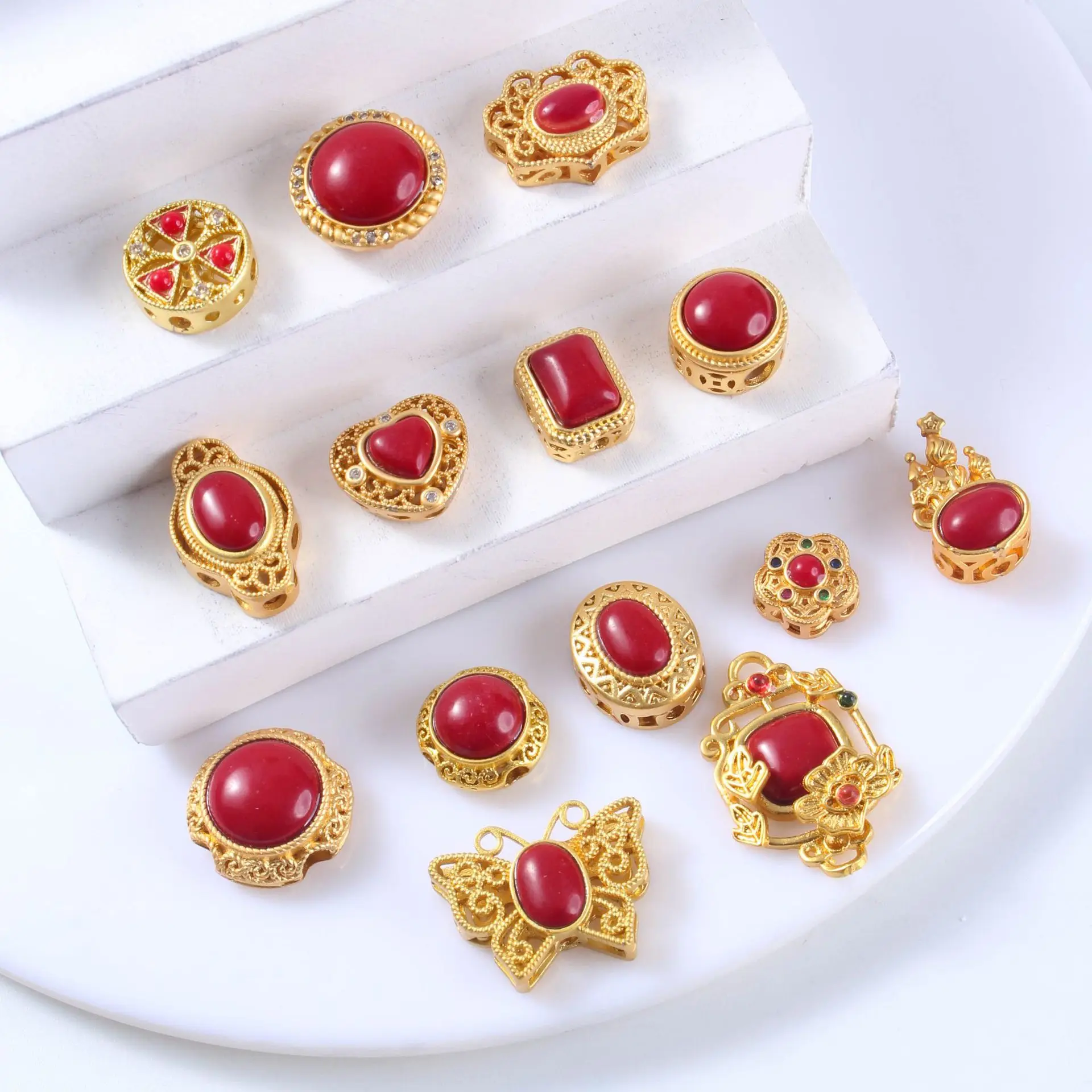 10pcs Copper Gold Plated Red Zircon Spacer Bead Accessories DIY Handmade Bracelet Necklace Jewelry Making Beads Wholesale