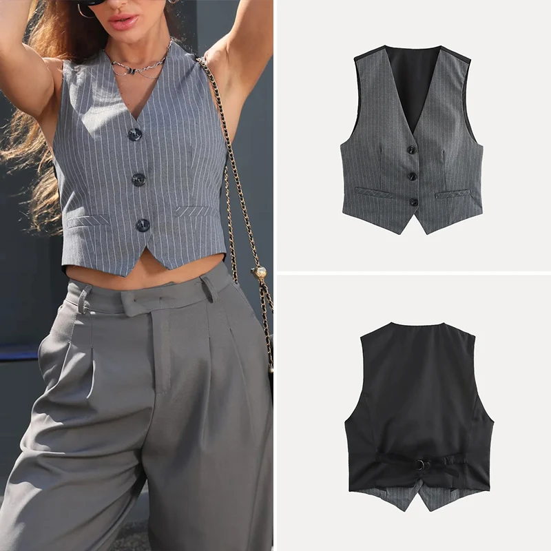 

Новинка весны 2024, женский модный универсальный жилет с v-образным вырезом и одной пуговицей, полосатый жилет, майка из полиэфирного волокна 00%