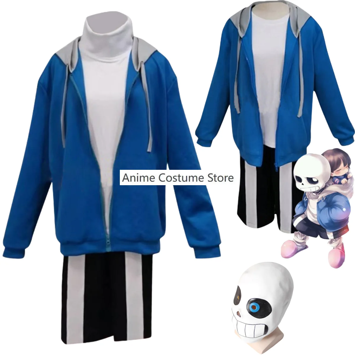 Anime Game Undertale Sans Cosplay Costume Skeleton Brothers Blue Hooded Coat Mask Sportswear Man Woman Masquerade Ball Suit